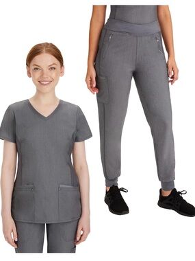 Healing Hands Scrub Set Top with Jogger Style Pants Heath Grey, XS Top/XSP Pants
